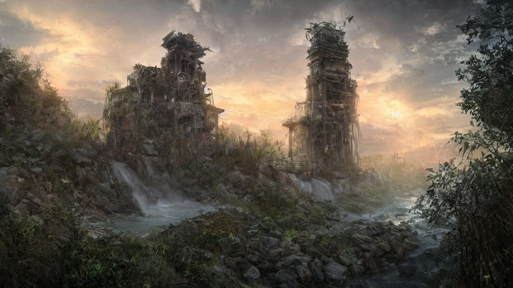 Post Apocalyptic Overgrown Tower With Waterfalls And Sunset...