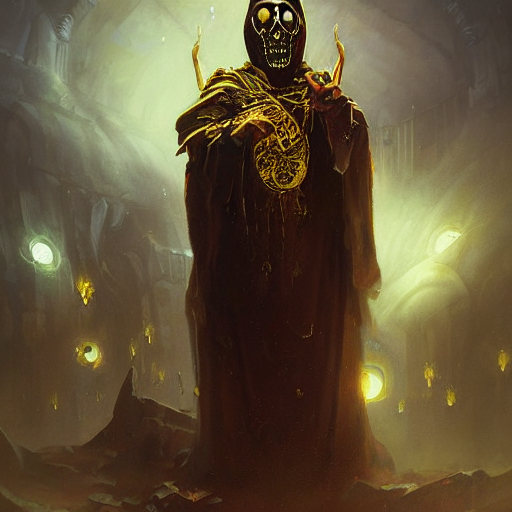 An Elder Lich With A Magnificent Robe With Golden Accents An...