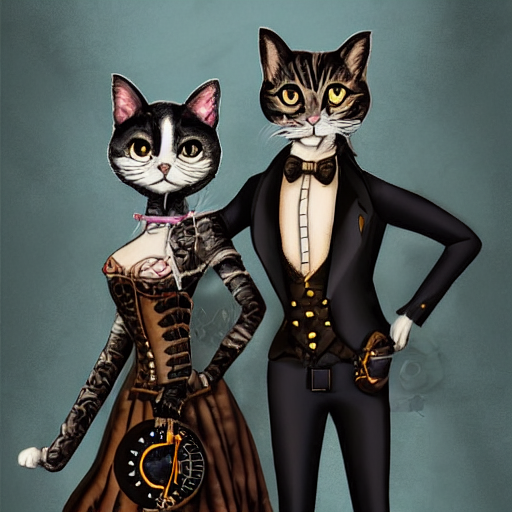 Steampunk Portrait Of Two Anthropomorphic Cats, One Solid Bl...