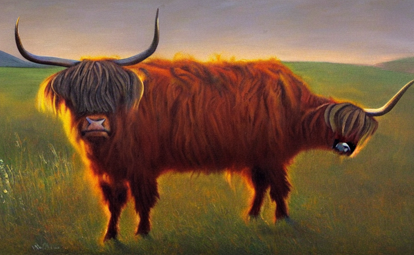 Oil Painting By Marcel Duchamp Of A Highland Cow In A Meadow...