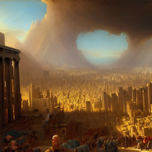 A Painting Of A City With A Lot Of People In It, A Detailed...