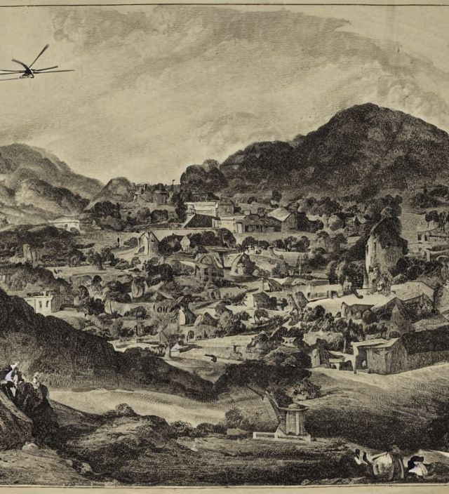 Illustration Of Helicopter Over A Rural Village, 1 8 3 5.