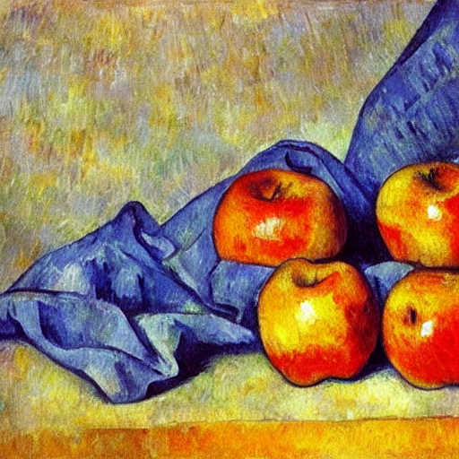 A Plumping, Impressionistic Painting Of Apples On A Blue Clo...