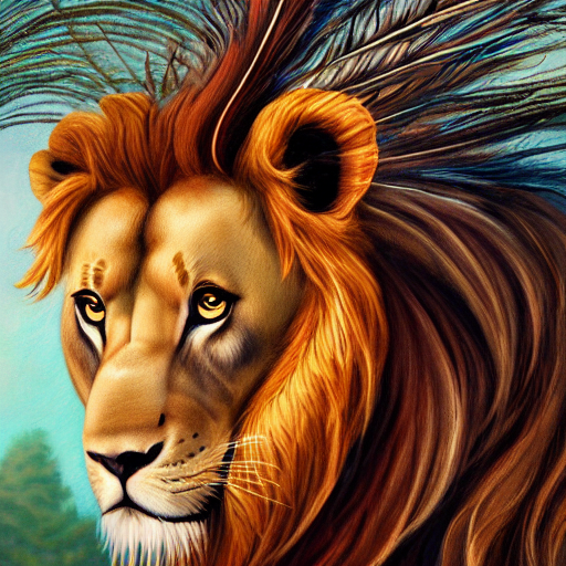 Beautiful Lion With Long Flowing Mane And Peacock Feathers A...