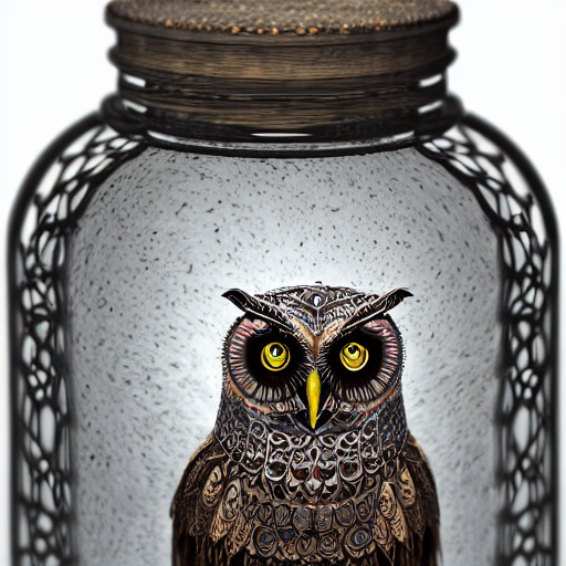 Aztec Owl Inside A Steampunk Glass Jar Buried In Sand, Fract...