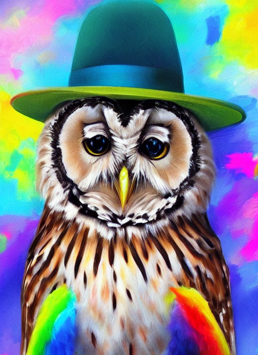 Realistic Portrait Beautiful Painting Of Japanese Owl, Rainb...