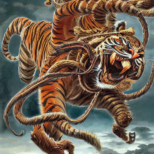 A Hyperdetailed Design Of A Tiger Whole Body, Five Tails, Ti...