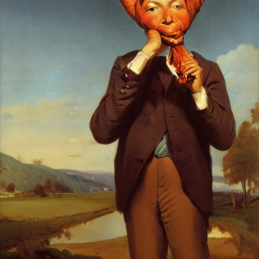 Oil Painting By George Caleb Bingham Of A Man Holding A Turk... — Stable Diffusion AI Prompt: oil painting by george caleb bingham of a man holding a turkey leg over his head...