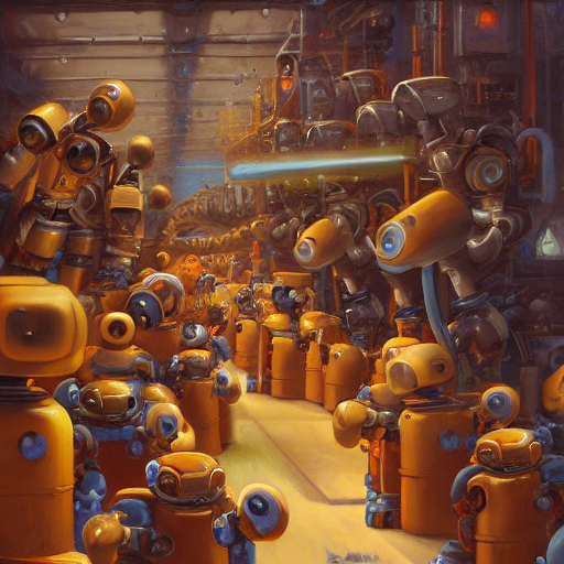 Robots Creating New Robots In A Factory Line, Oil Painting B...