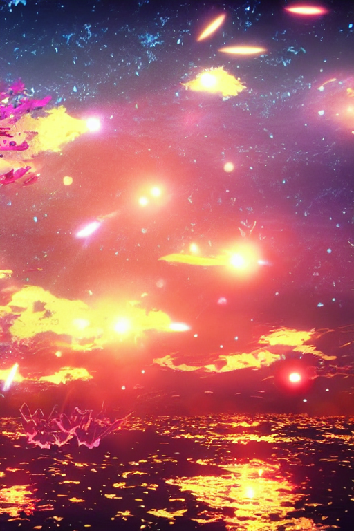 Anime. Cell Shader. Close - Up Goldfishes Traveling Through...