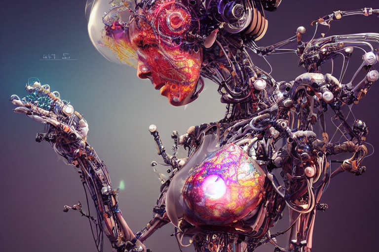 Detailed Digital Biopunk Biomechanical Robot In Front Of Ret...