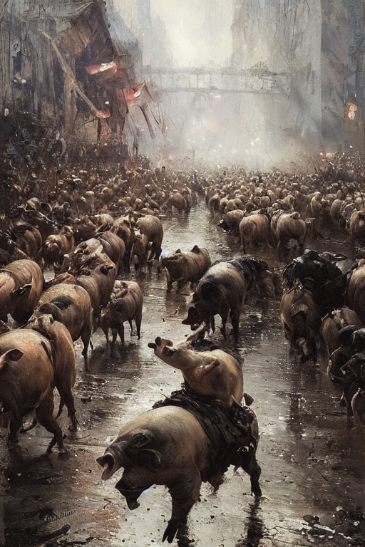 March Of The Pigs, Painting By Greg Rutkowski And Anders Zor...