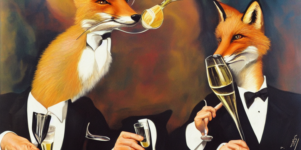 Fox In A Tuxedo Drinking Champagne, Wide Angle, Highly Detai...