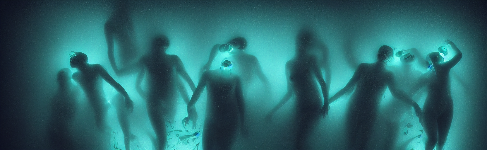 Whimsical Bioluminescent Glowing Creatures Swimming Around A...