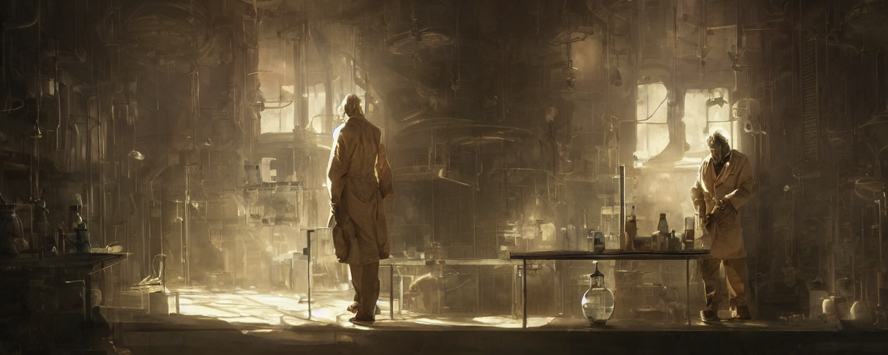 Ryan Gossling As A Mad Scientist Wearing A Lab Coat, Mixing...