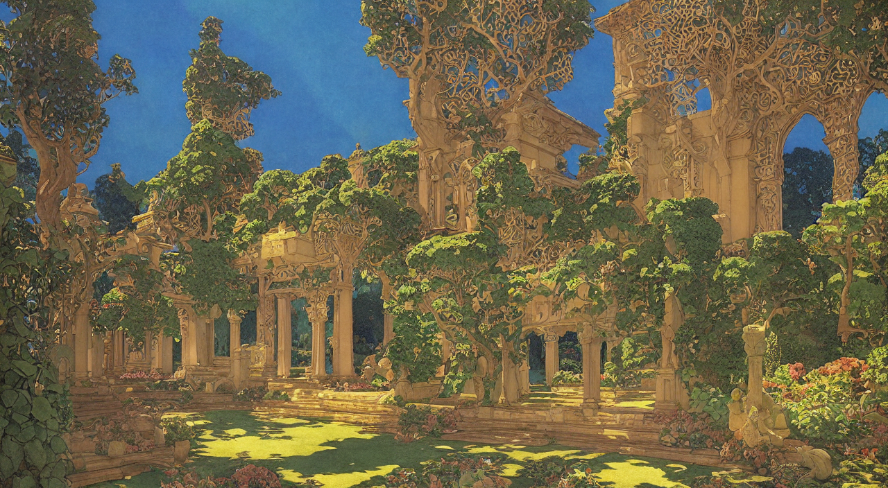 Beautiful Ancient Temple In A Formal Garden. By Edmund Dulac...