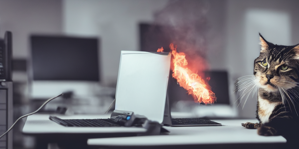 Photo Of A Angry Cat Breathing Fire At A Computer In An Offi...