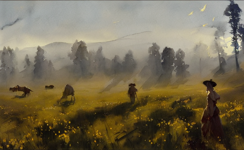 California Style Watercolor Painting Of Scandinavian Plains,...