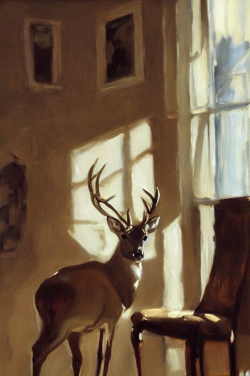 A Painting Of A Buck In Suit Sitting On A Chair Near A Windo...