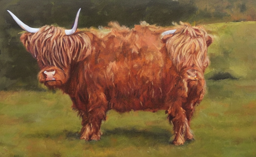 Oil Painting By Larry Rivers Of A Single Highland Cow.