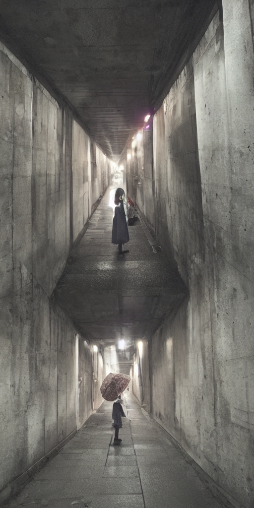 3 Panel Scene, Anime Girl Stands Under A Bridge In Japan At...