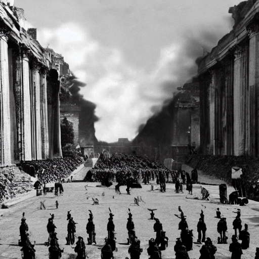World War Ii Style Vintage Pictures Of The Fall Of Rome. Hyp... — Stable Diffusion AI Prompt: world war ii style vintage pictures of the fall of rome. hyper realistic, black...