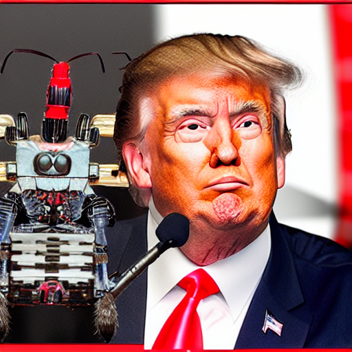 A Full Portrait Of Donald Trump Looking At A Robot Spider