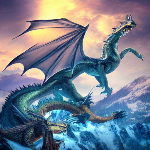 Dragons Flying Around A Snowcapped Fantasy Mountain, Digital...