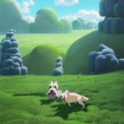 4 Dogs On Green Landscape By Hayao Miyazaki, Studio Ghibli... — Stable Diffusion AI Prompt: [ 4 ] dogs on green landscape by hayao miyazaki, studio ghibli and gediminas pra...
