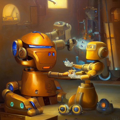 Robots Making New Robots In A Workshop, Oil Painting By Just...