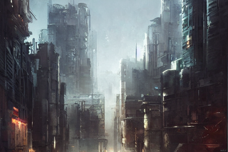 Futuristic City, Brutalist Buildings, Street Scene, Oil Pain...