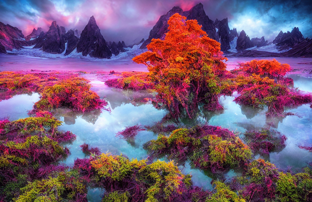 Alien Planet, Colorful Plantlife, Overgrown, Glacial Lake, L...