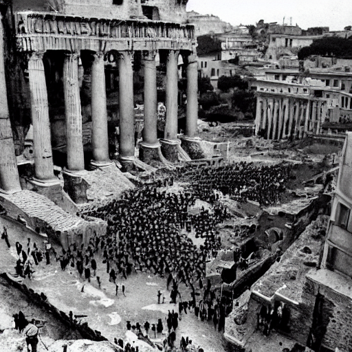 World War 2 Style Vintage Pictures Of The Fall Of Rome. Hype... — Stable Diffusion AI Prompt: world war 2 style vintage pictures of the fall of rome. hyper realistic, black a...