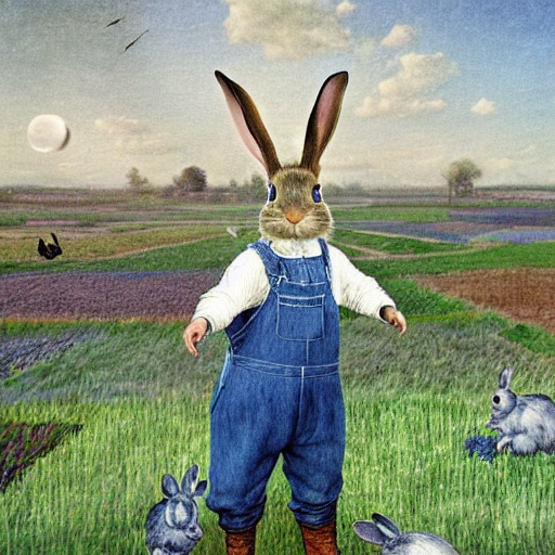 A Rabbit Farmer Wearing Blue Jean Overalls. Dreamlike Digita...