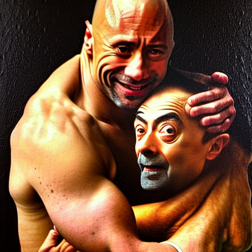 A Renaissance Portrait Of Dwayne Johnson Hugging Mr. Bean, R...