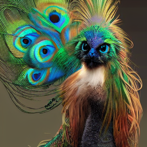 Cute Fluffy Baby Peacock With Cat Face Hybrid Mixed Creature...