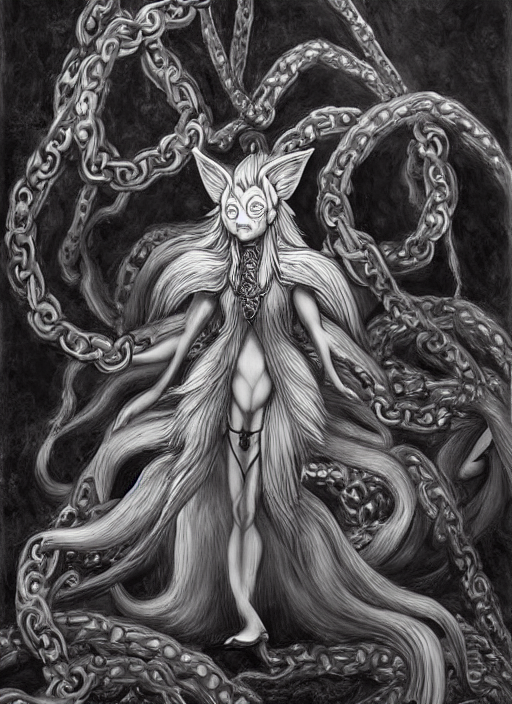 A Studio Portrait Of Ninetails Cultist Of Yog Sothoth Chains... — Stable Diffusion AI Prompt: a studio portrait of ninetails cultist of yog sothoth chains silver bangles arca...