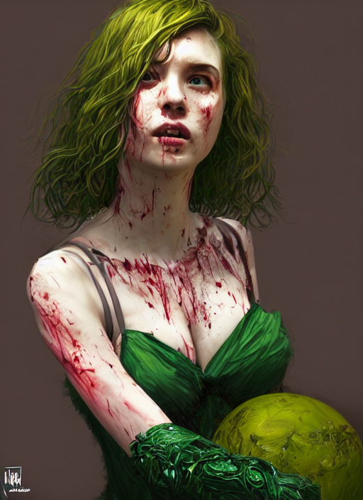 Portrait Of Terrified Green Ball Gown Young Woman, Bloodied,...