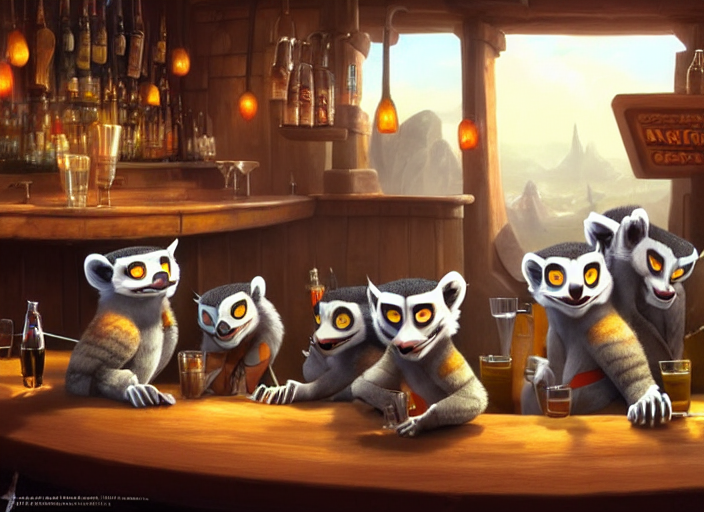 Grumpy Lemurs Sitting In A Bar, Fantasy, Concept Art, Artsta... — Stable Diffusion AI Prompt: grumpy lemurs sitting in a bar, fantasy, concept art, artstation, disney, pixar,...