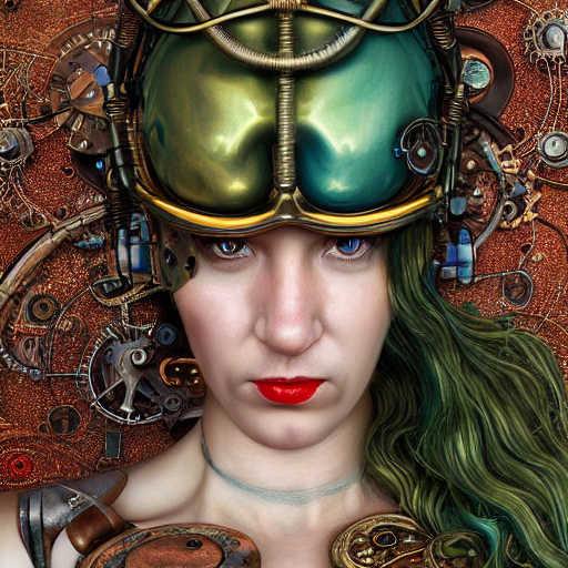 Portrait Photo Of A Beautiful Female Steampunk Cyborg She Pu...