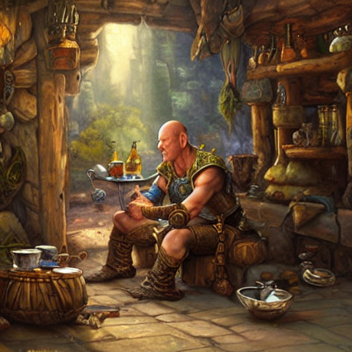 An Elven Warrior Looking Like Bruce Willis Resting In A Tave...