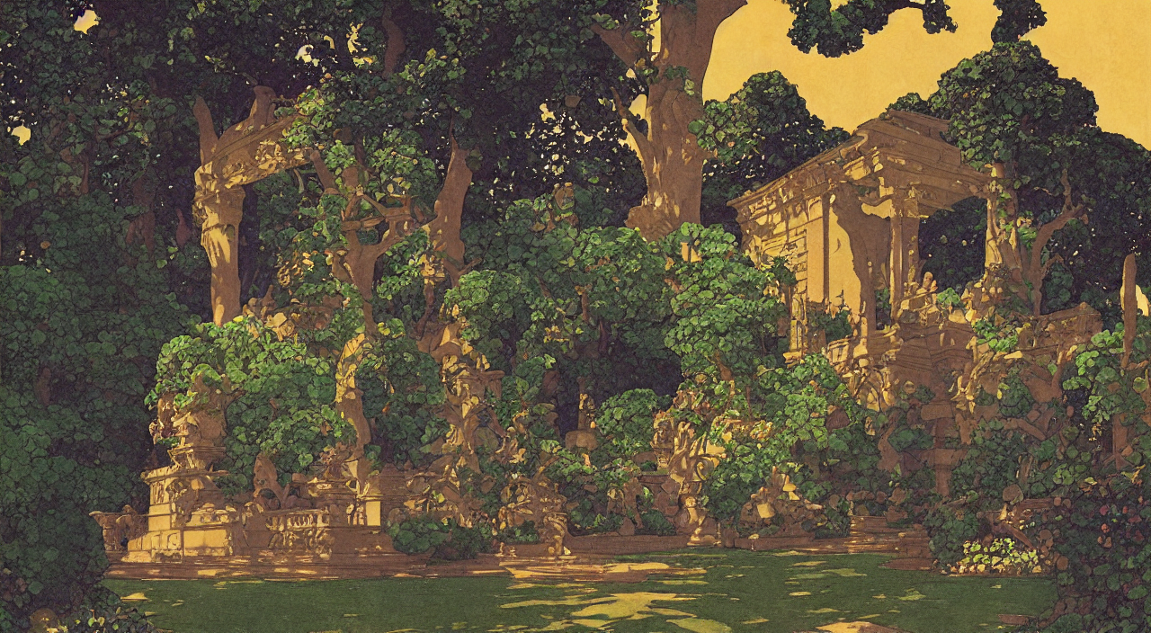 Beautiful Ancient Temple In A Formal Garden. By Edmund Dulac...