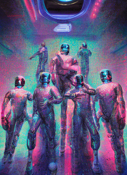 Astronauts In Holographic Chrome Suits In Bright Subway - Co...