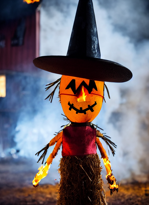 Portrait Photo Still Of A Spooky Scarecrow Holding A Match,...