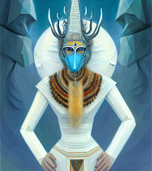 Portrait Lemurian Priestess With Long Neck And Hands Geometr...