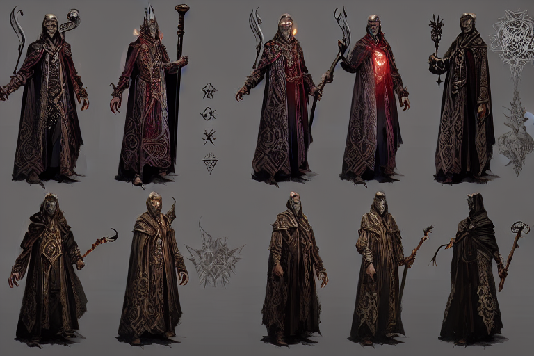 A Character Sheet Showing 4 Different Designs For An Evil So...