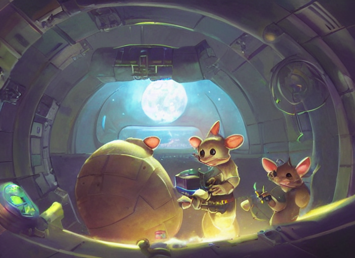 Cute Fuzzy Babymouse Playing In A Space Station, Fantasy, Co...