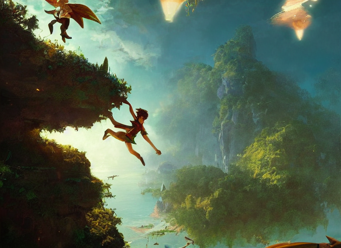 Painted Portrait Of Peter - Pan Flying Over Fantasy Tropical...