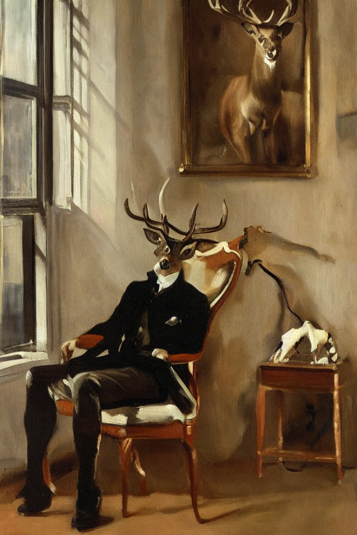 A Painting Of A Male Deer In Suit Sitting On A Chair Near A...