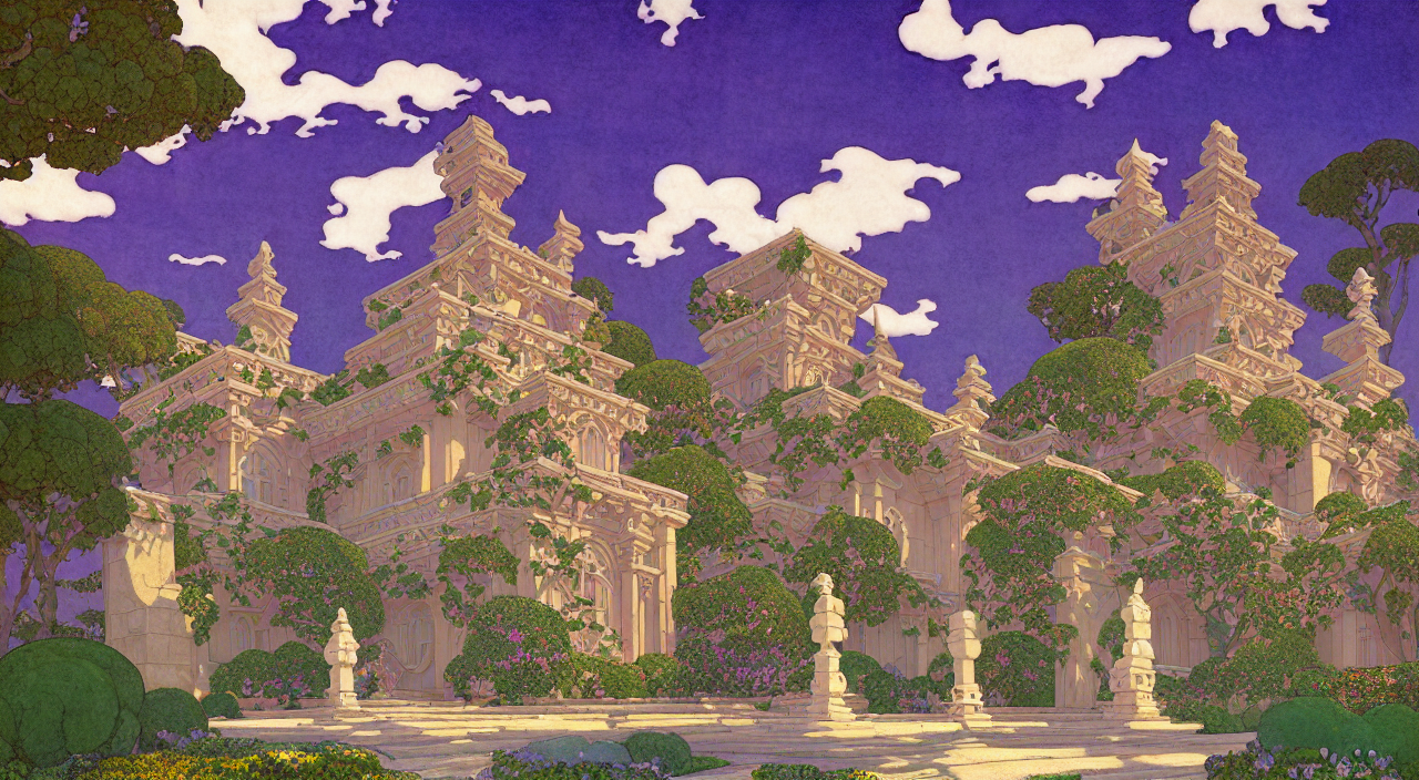 Beautiful Ancient Temple In A Formal Garden. By Edmund Dulac...